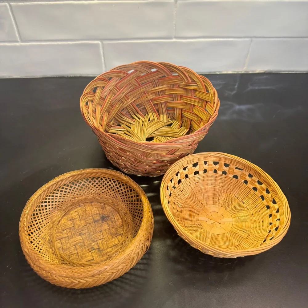 Woven Baskets Home Decor Set of 3 Brown Tan Mixed Weave Boho Rustic